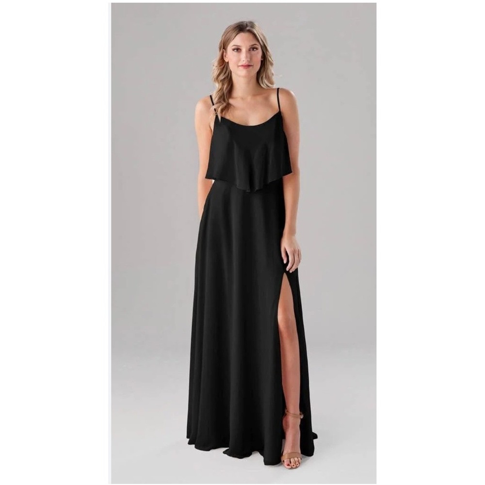 NWT! Karen Kane Womens Black Ruffle Maxi Dress Side Slit Formal Gown Large